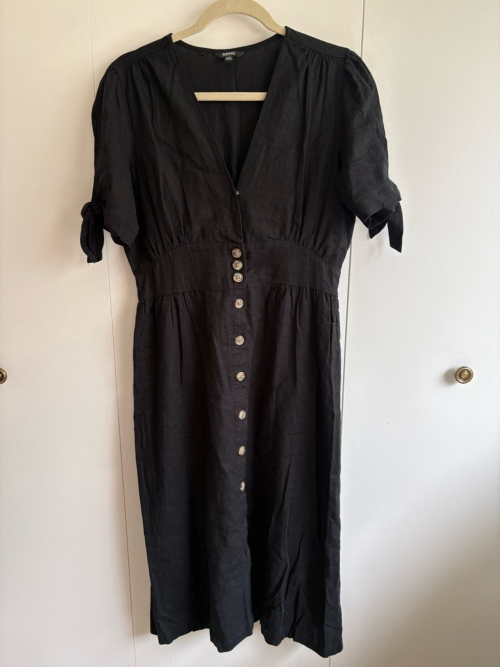 Linen Button-Front Midi Dress with Tie Sleeves
